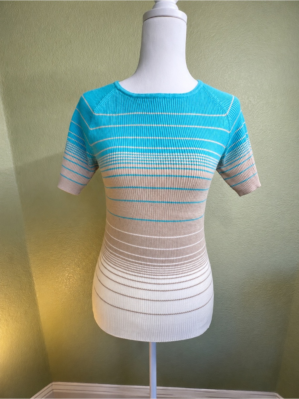 Striped Short-Sleeve Knit Top in Turquoise, Beige & White Medium NWT